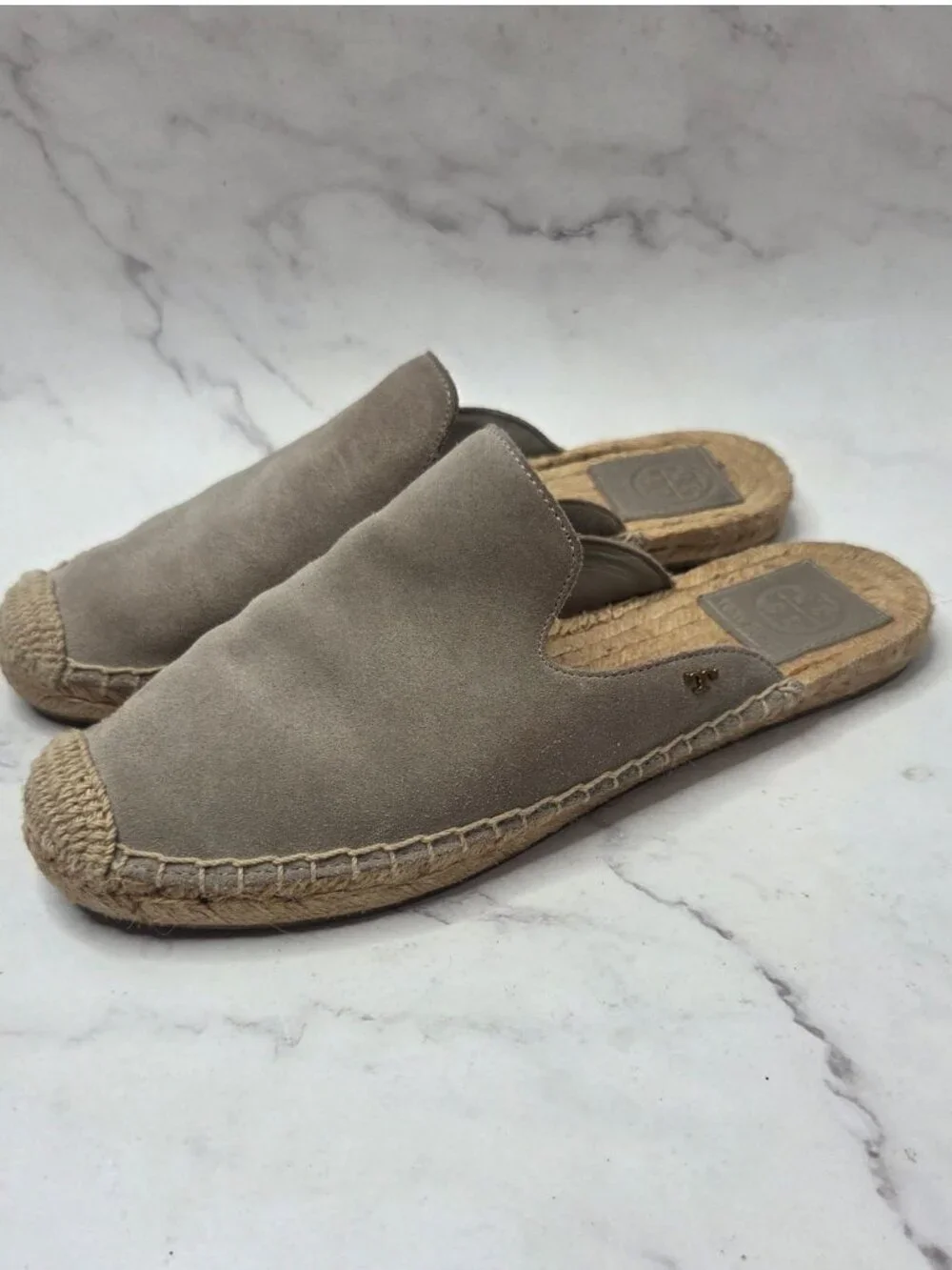 Tory Burch Max Tan Suede Leather Espadrille Slip-On Flats Sandals Mules Size 6.5